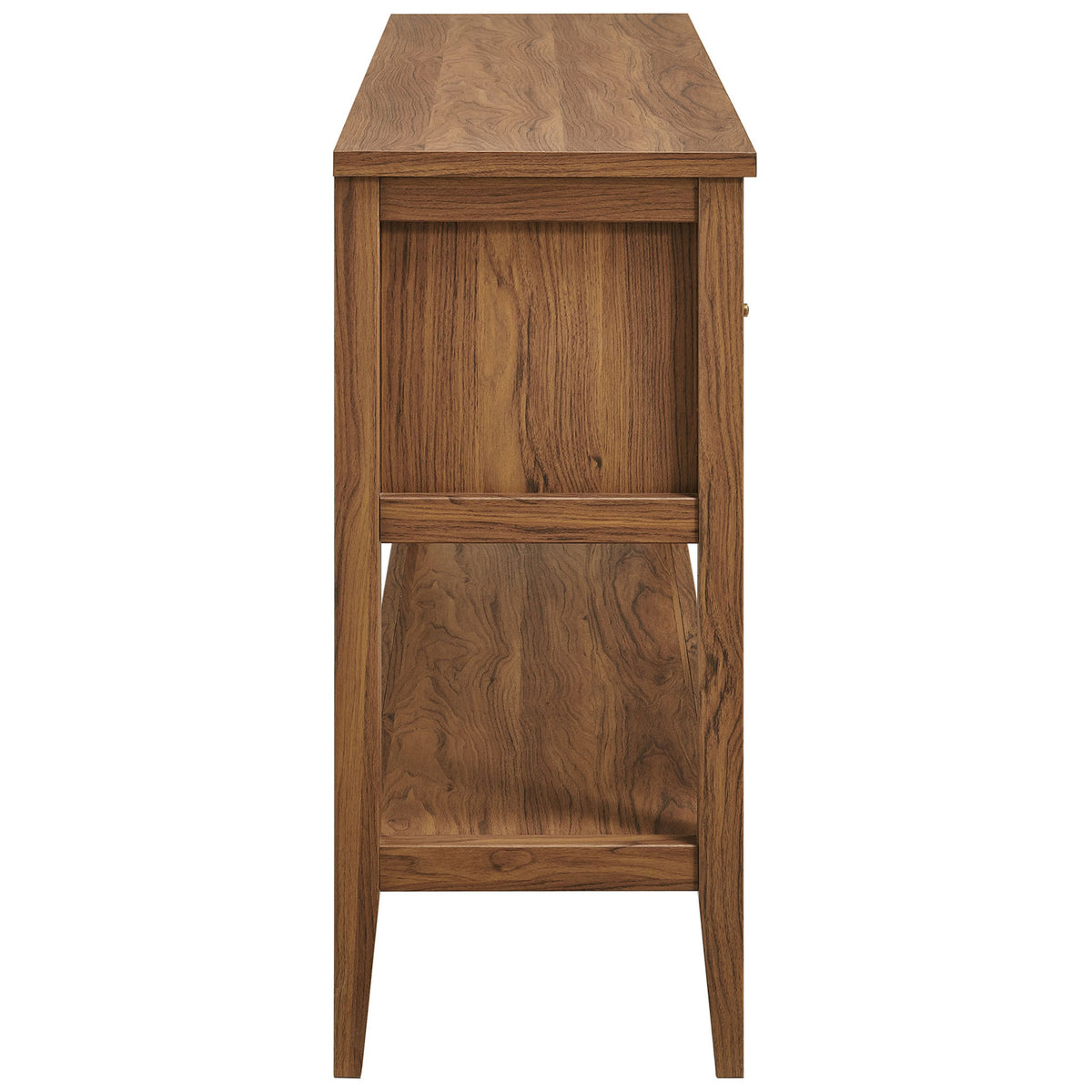 Slim walnut profile with wood grain texture and sturdy frame highlighting the narrow depth and open shelf || EEI-7435-WAL || side_studio