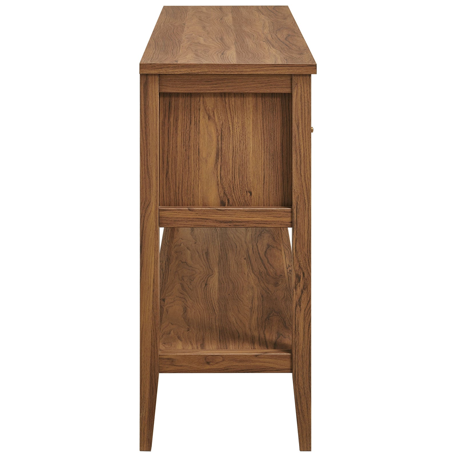 Slim walnut profile with wood grain texture and sturdy frame highlighting the narrow depth and open shelf || EEI-7435-WAL || side_studio
