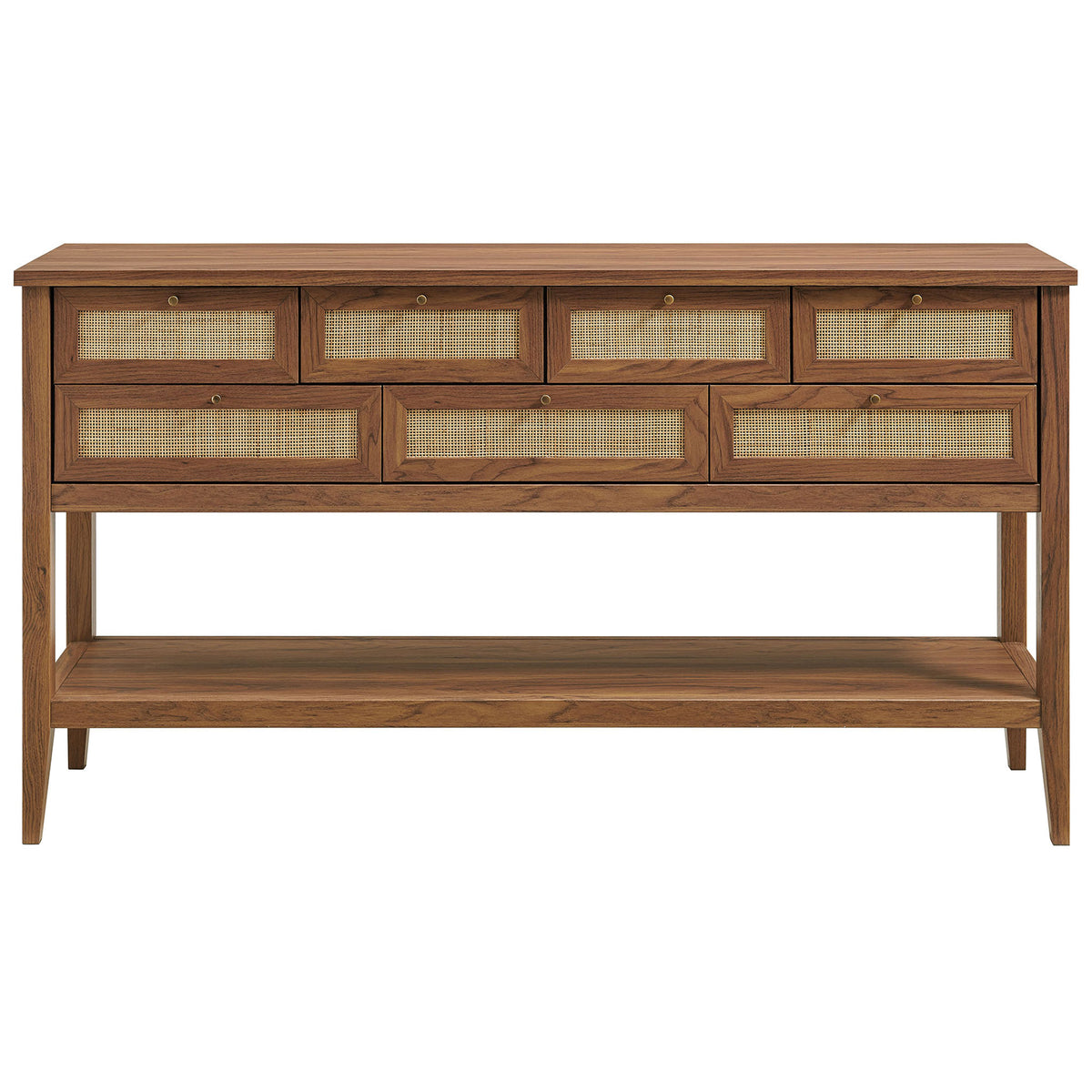 Symmetrical seven-drawer console with woven rattan fronts, brass knobs, and a warm walnut wood grain finish || EEI-7435-WAL || front_studio