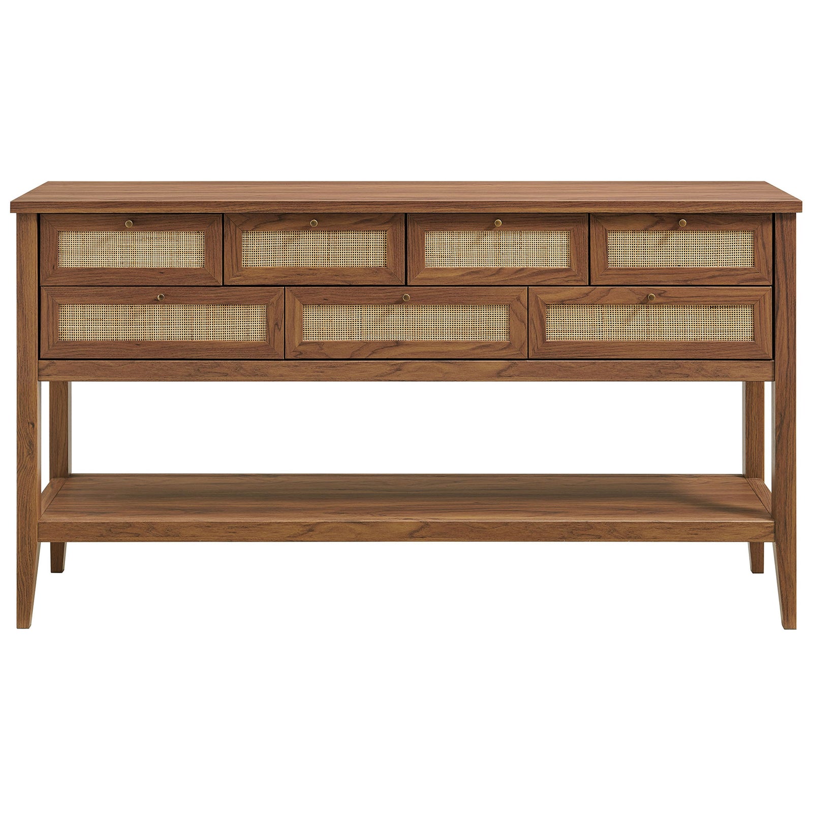 Symmetrical seven-drawer console with woven rattan fronts, brass knobs, and a warm walnut wood grain finish || EEI-7435-WAL || front_studio