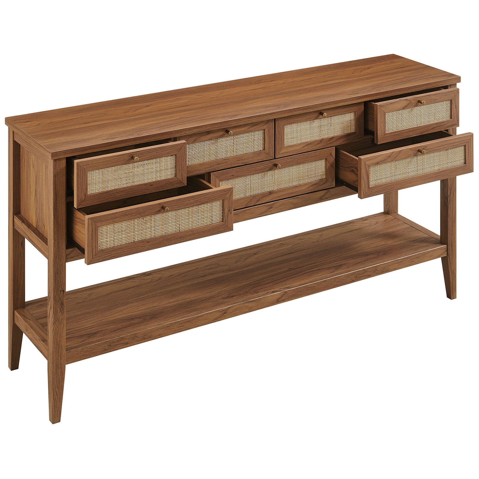 Multiple drawers glide open to reveal organized storage, complemented by a spacious lower shelf in walnut || EEI-7435-WAL || front_angle_open_studio