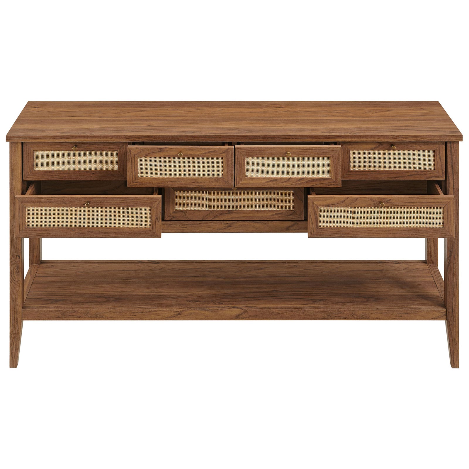 Seven drawers open to showcase interior capacity beneath a clean walnut top and above a full-length bottom shelf || EEI-7435-WAL || front_open_studio