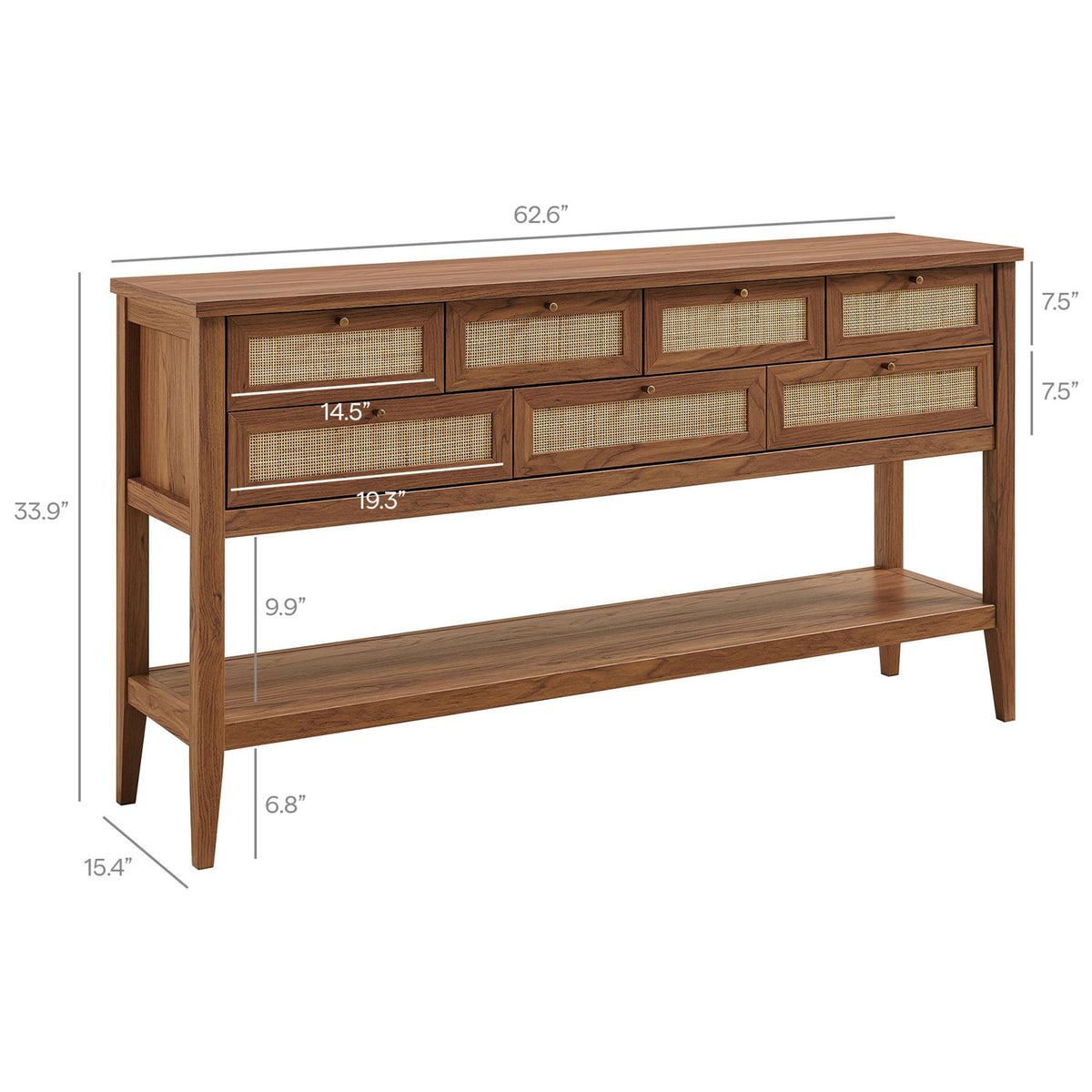 Spacious 62.6-inch-wide console with a slim 15.4-inch depth and 33.9-inch height ideal for narrow spaces || EEI-7435-WAL || dimension_studio