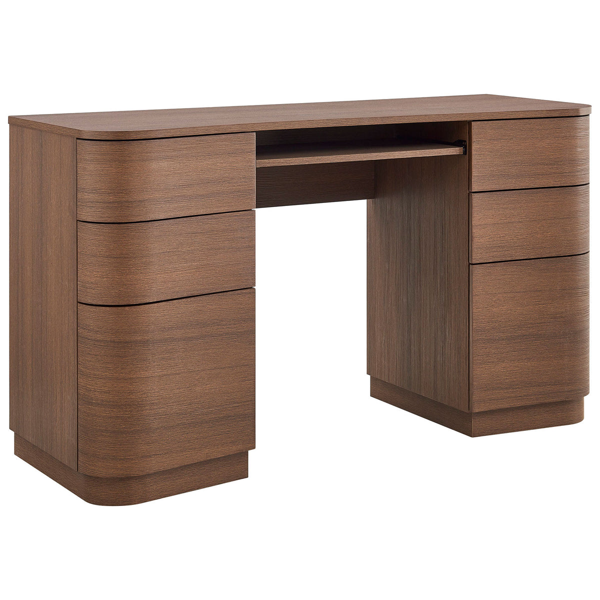 Curved six-drawer desk in brushed brown oak with smooth wood grain and pull-out keyboard tray. || EEI-7436-BBO || front_angle_studio