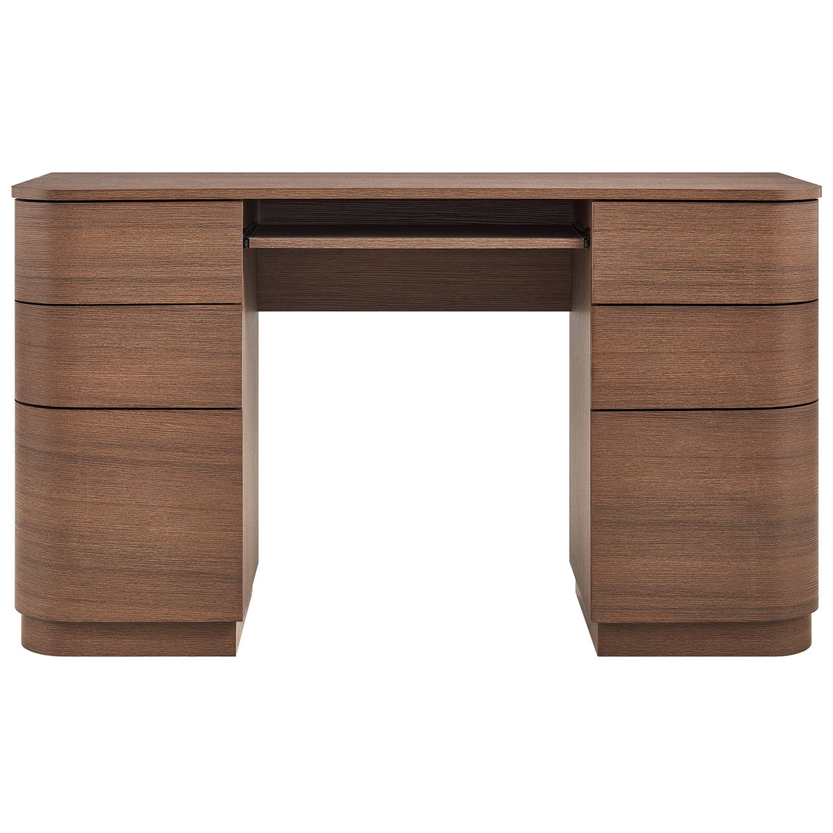Clean front with six curved drawers and central keyboard tray for a clutter-free workspace. || EEI-7436-BBO || front_studio