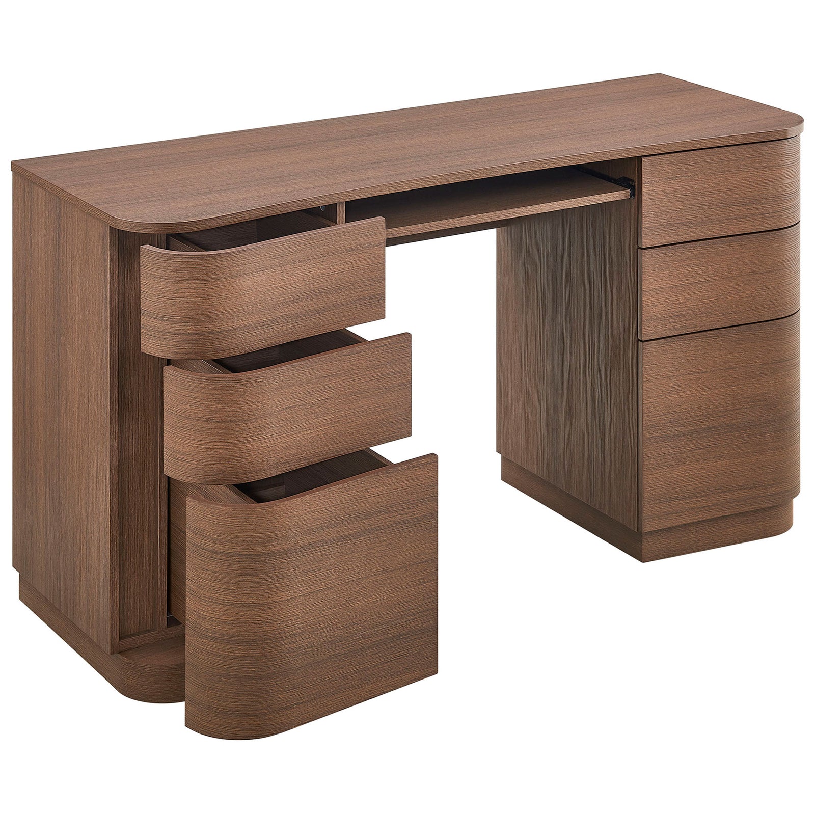 Spacious drawers and filing storage open to reveal organized space, plus a sliding keyboard tray. || EEI-7436-BBO || front_angle_open_studio