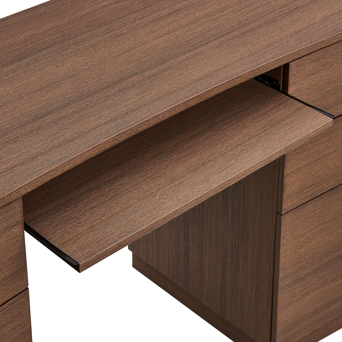 Smooth pull-out keyboard tray glides beneath the desktop for ergonomic typing and easy stowaway. || EEI-7436-BBO || storage_open_studio