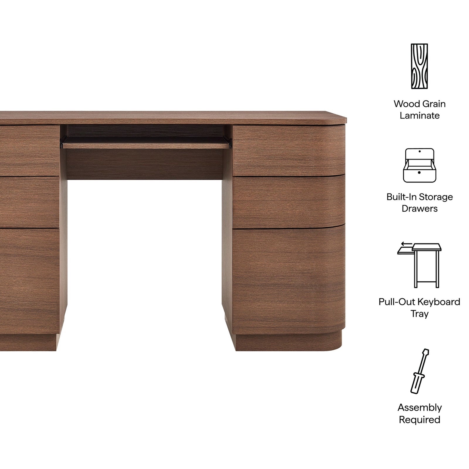 Key features include wood grain laminate, built-in storage, pull-out keyboard tray, and easy assembly. || EEI-7436-BBO || callout_studio