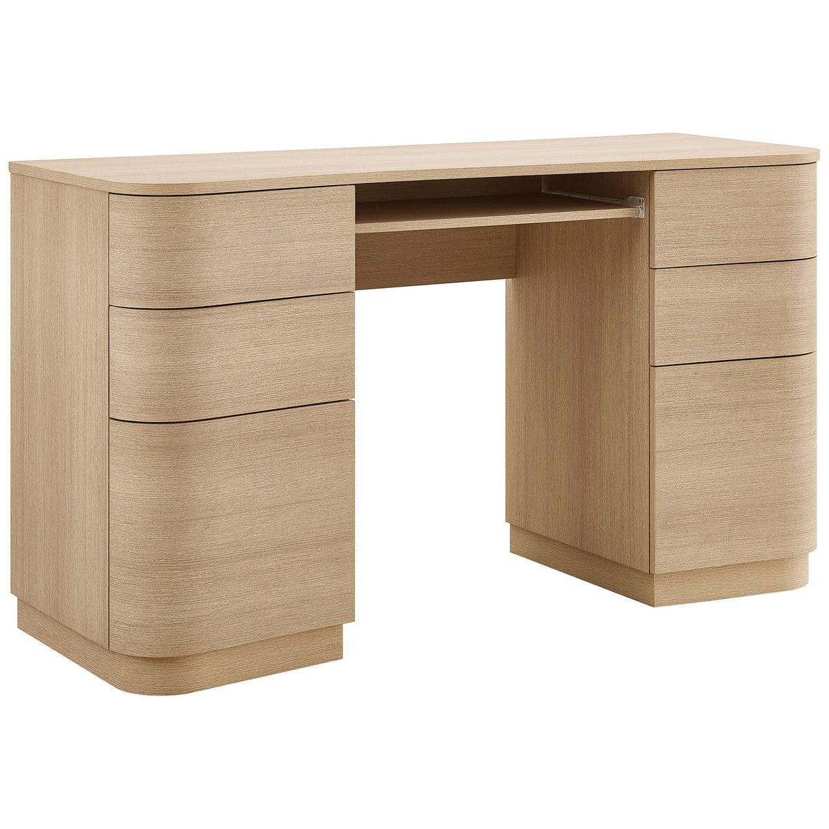 Curved 6-drawer desk in brushed light oak with sleek wood grain and a tidy pull-out keyboard tray. || EEI-7436-BOA || front_angle_studio