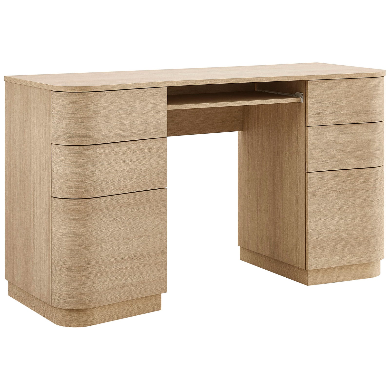 Curved 6-drawer desk in brushed light oak with sleek wood grain and a tidy pull-out keyboard tray. || EEI-7436-BOA || front_angle_studio