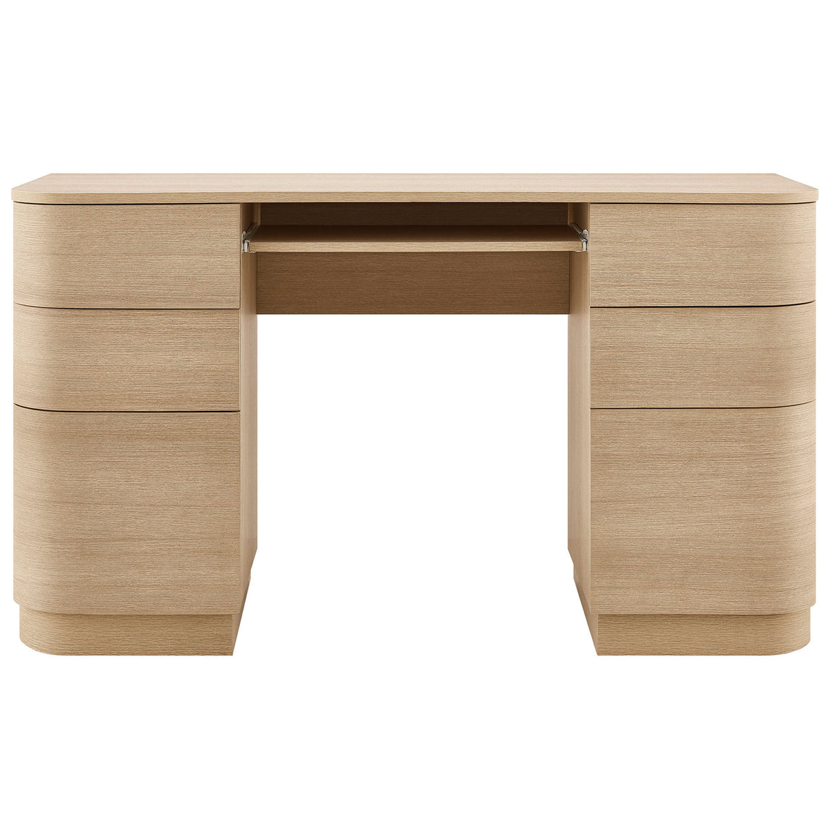 Streamlined 55-inch desk with six curved drawers and integrated keyboard tray in brushed light oak. || EEI-7436-BOA || front_studio