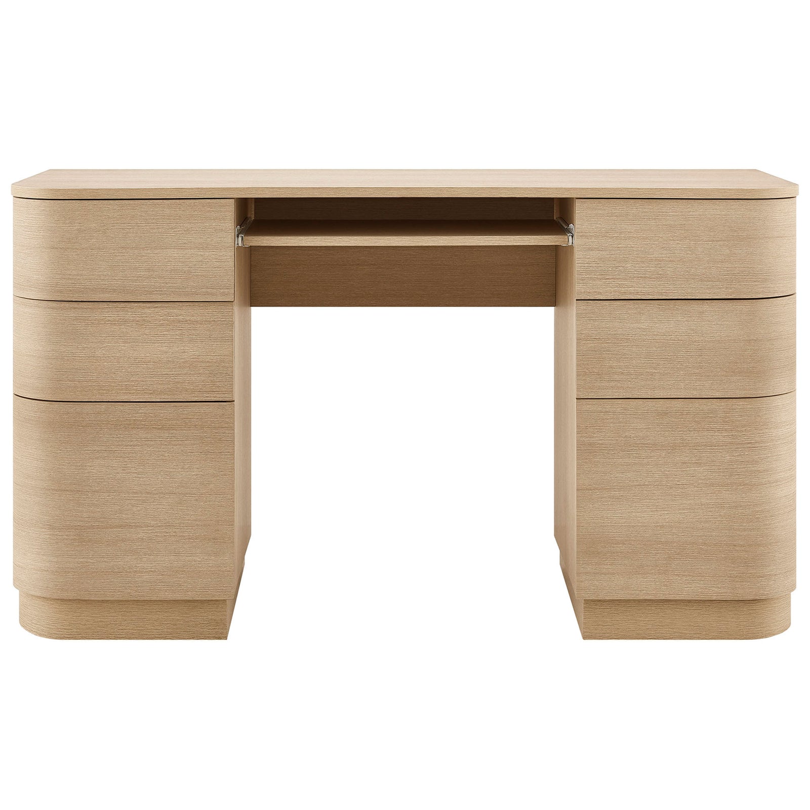 Streamlined 55-inch desk with six curved drawers and integrated keyboard tray in brushed light oak. || EEI-7436-BOA || front_studio