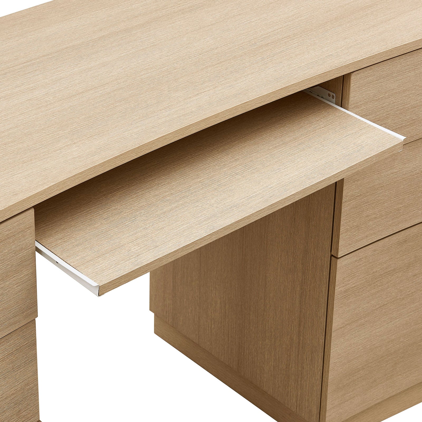 Smooth wood grain pull-out keyboard tray keeps your workspace clear and comfortable. || EEI-7436-BOA || storage_open_studio