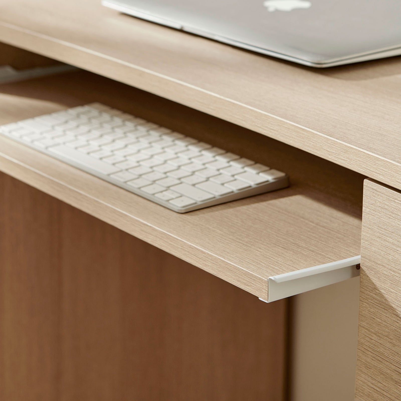Slide-out keyboard shelf positions typing at an ergonomic height under the desktop. || EEI-7436-BOA || storage_open_room