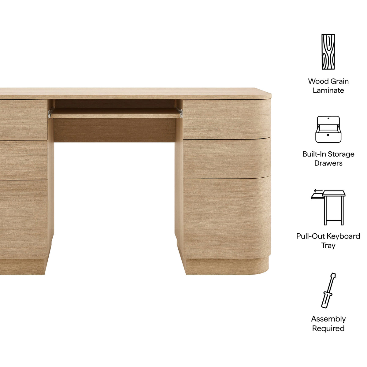 Key features highlighted: wood grain laminate, built-in storage, pull-out keyboard tray, easy assembly. || EEI-7436-BOA || callout_studio