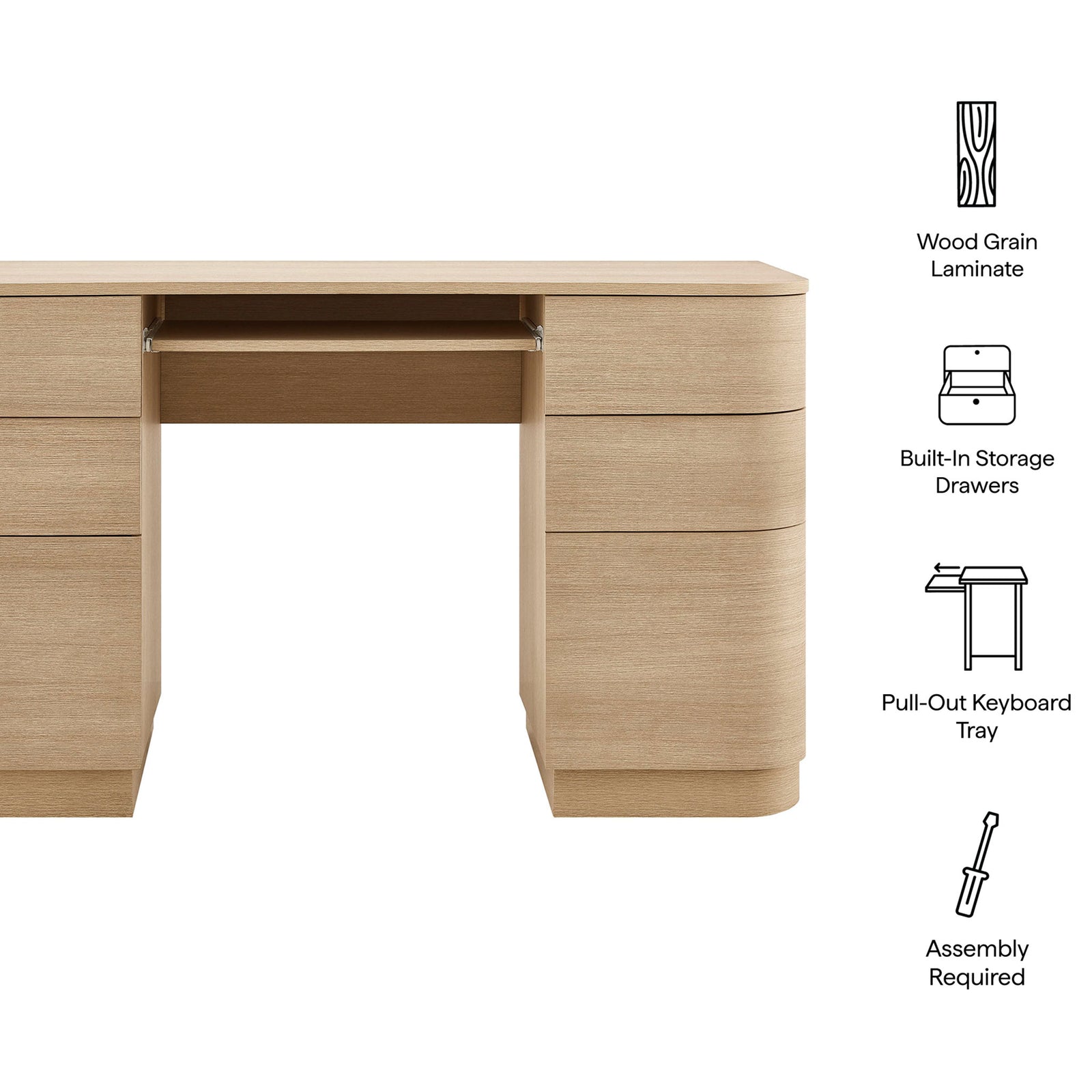 Key features highlighted: wood grain laminate, built-in storage, pull-out keyboard tray, easy assembly. || EEI-7436-BOA || callout_studio