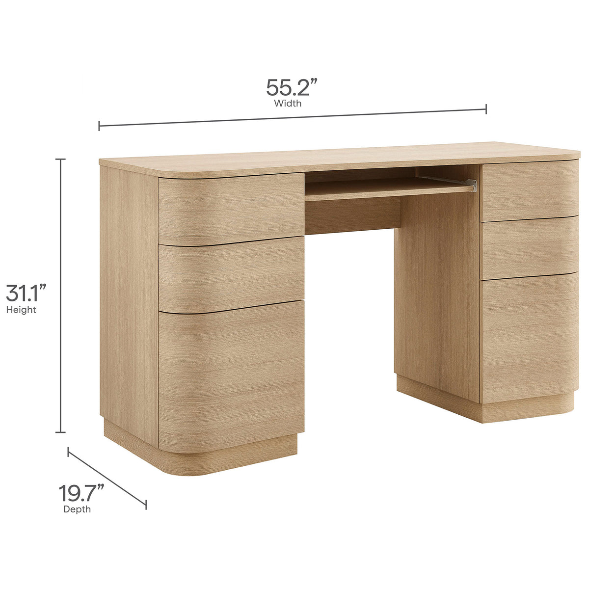 Dimensions overview of the 55.2 inch wide, 31.1 inch high, 19.7 inch deep curved office desk. || EEI-7436-BOA || dimension_studio