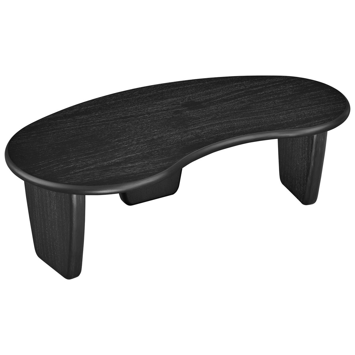 Sleek kidney coffee table with flowing silhouette and three sculptural legs in black wood grain || EEI-7437-BLK || front_angle_studio