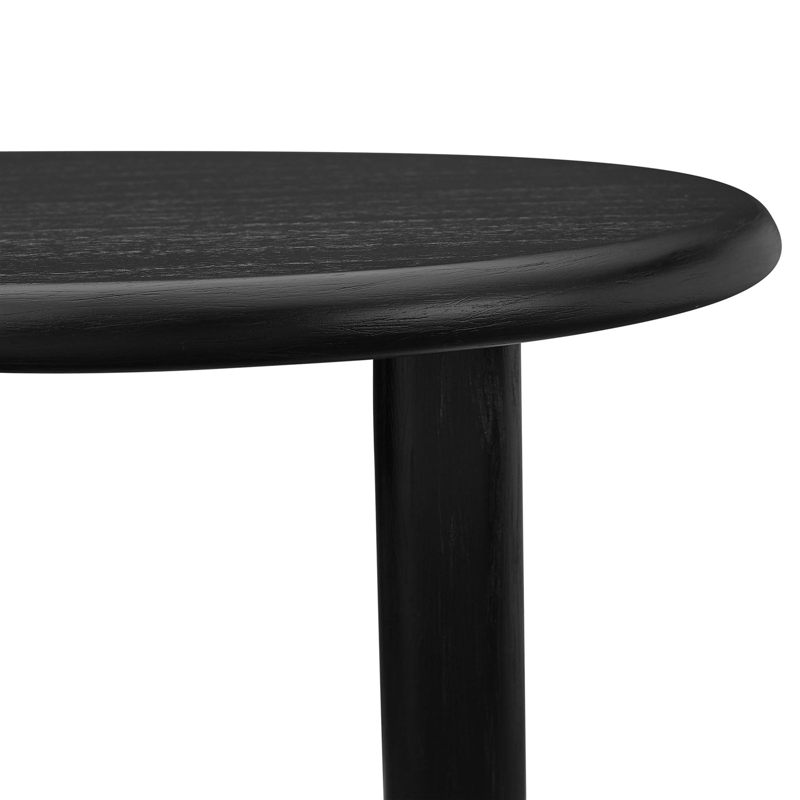 Rounded tabletop edge with visible wood grain texture over a tapered black leg || EEI-7437-BLK || detail_studio