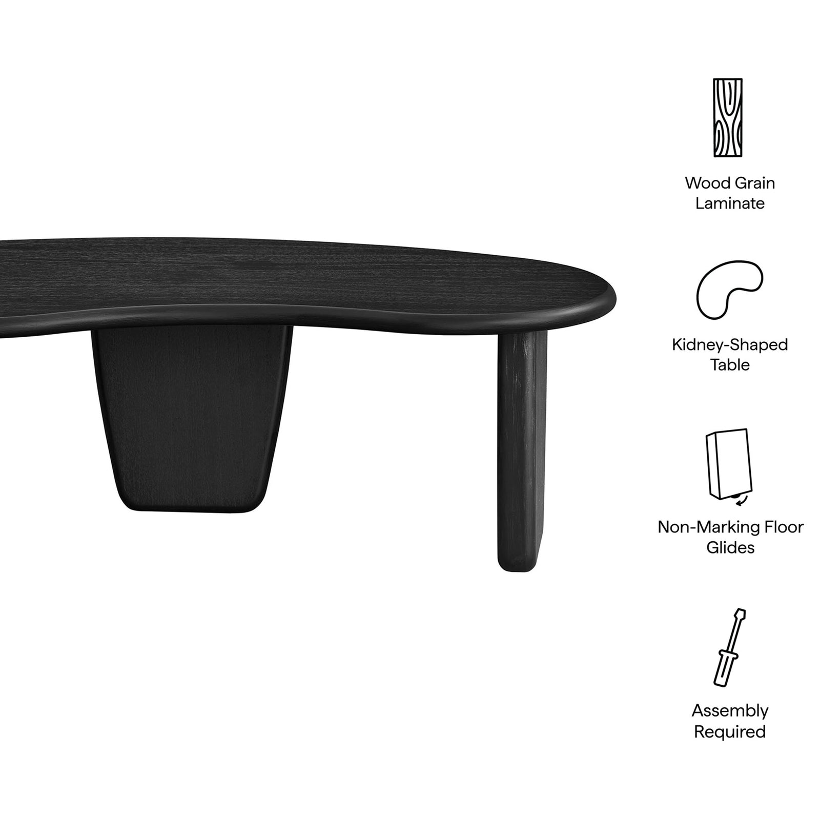 Key features include black wood grain finish, kidney silhouette, non-marking glides, and easy assembly || EEI-7437-BLK || callout_studio