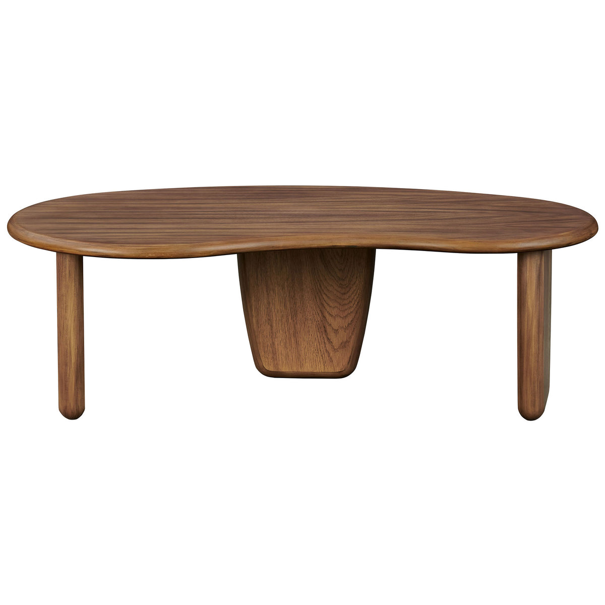 Kidney-shaped coffee table with rounded edges and three tapered legs in a warm walnut wood grain || EEI-7437-WAL || front_studio