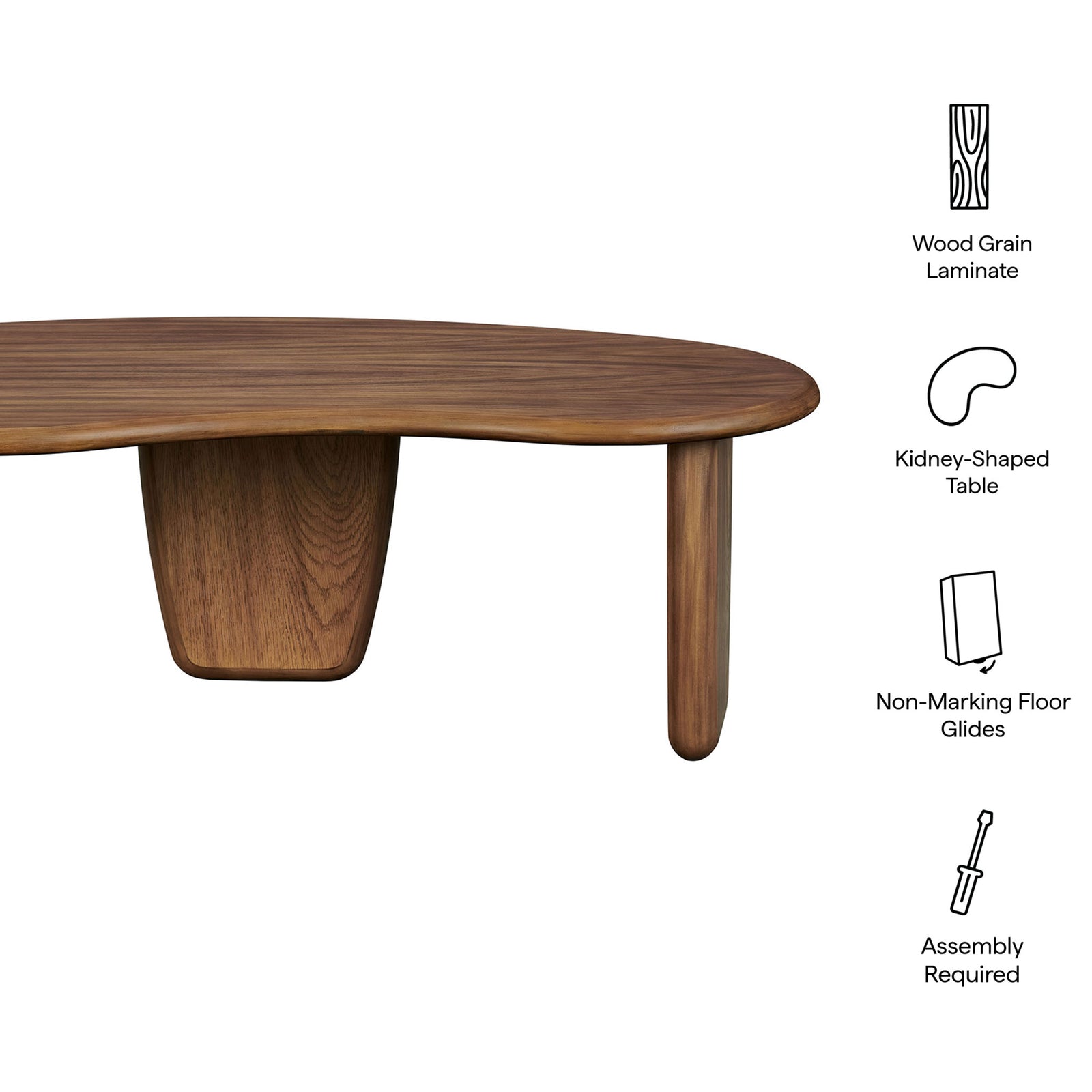 Feature icons highlight the kidney shape, wood grain finish, non-marking glides, and easy assembly || EEI-7437-WAL || callout_studio