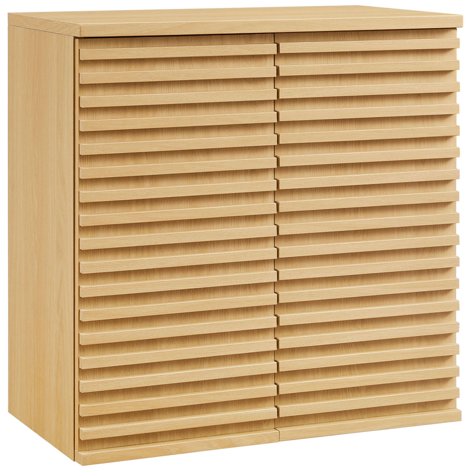 Warm oak finish and clean lines bring mid-century style to this wall cabinet || EEI-7438-OAK || front_angle_studio