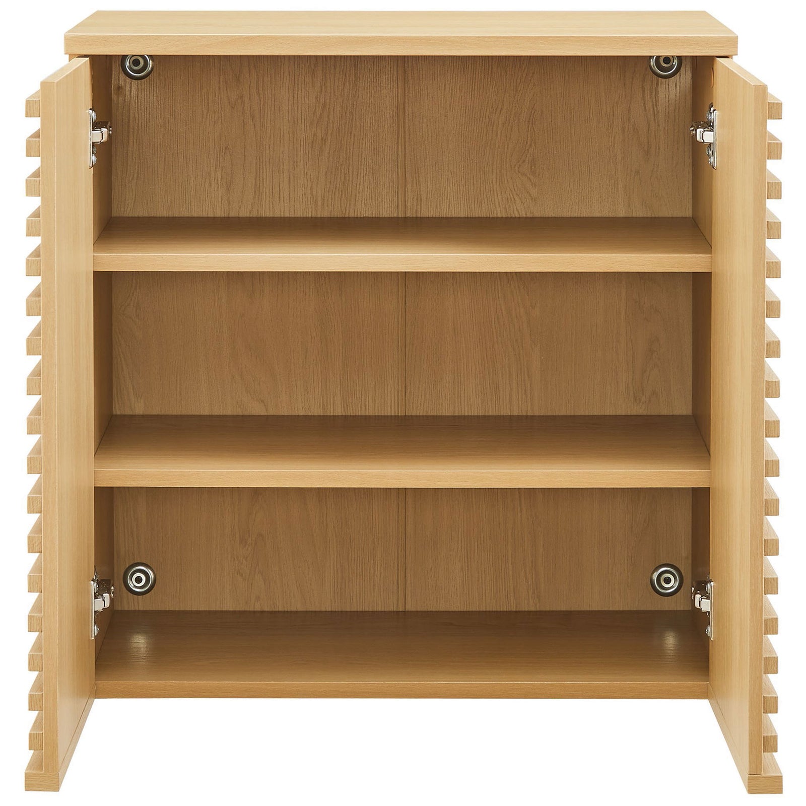 Adjustable interior shelves keep toiletries and towels organized behind the doors || EEI-7438-OAK || front_open_studio