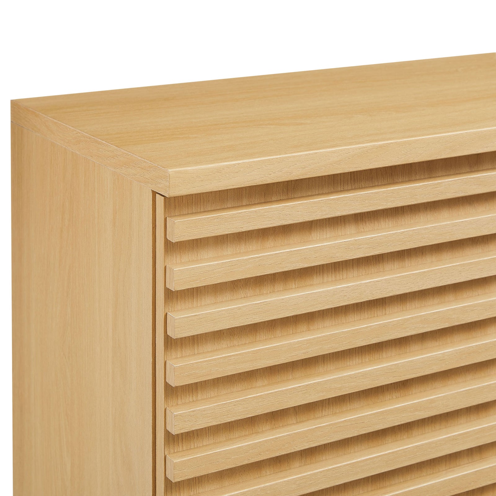 Crisp craftsmanship and layered slatted texture in a warm oak finish || EEI-7438-OAK || detail_studio