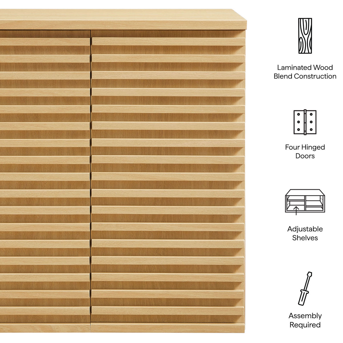 Key features highlighted, including adjustable shelves and durable laminated wood construction || EEI-7438-OAK || callout_studio