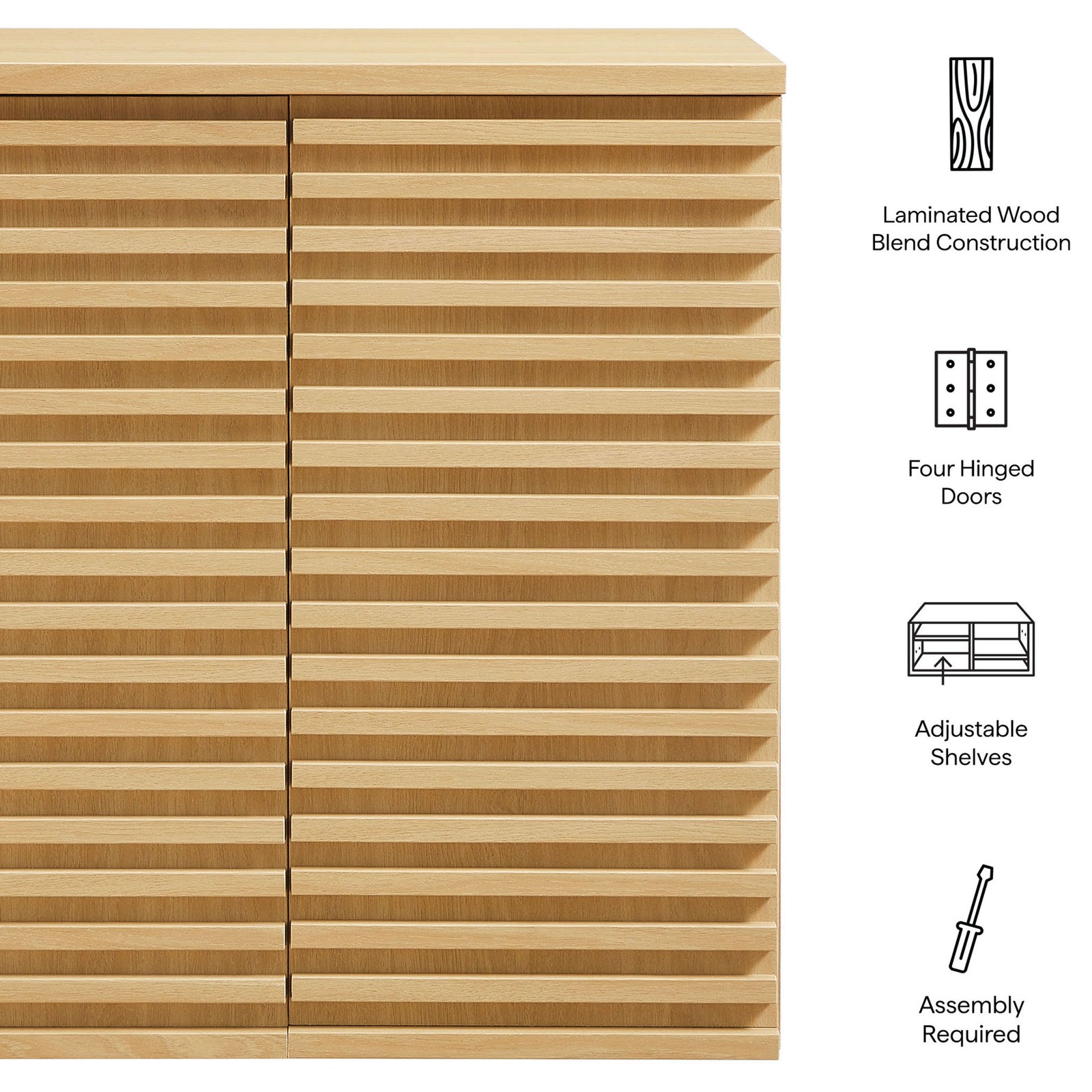 Key features highlighted, including adjustable shelves and durable laminated wood construction || EEI-7438-OAK || callout_studio
