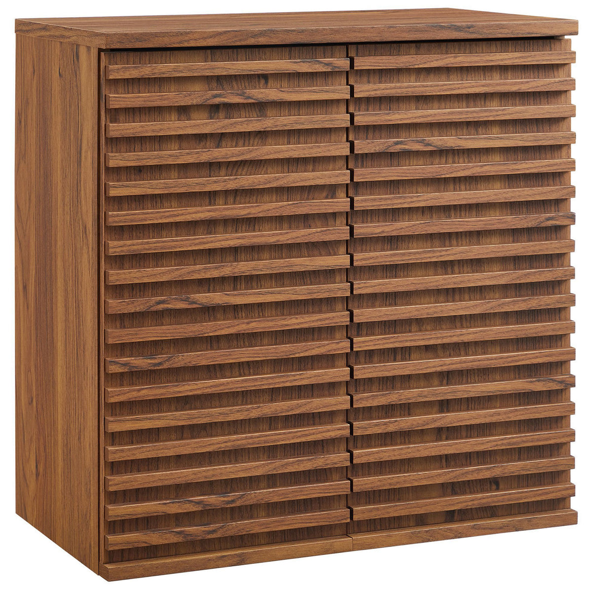 Crisp lines and wood-look grain highlight the modern profile of this wall-mounted bathroom cabinet. || EEI-7438-WAL || front_angle_studio