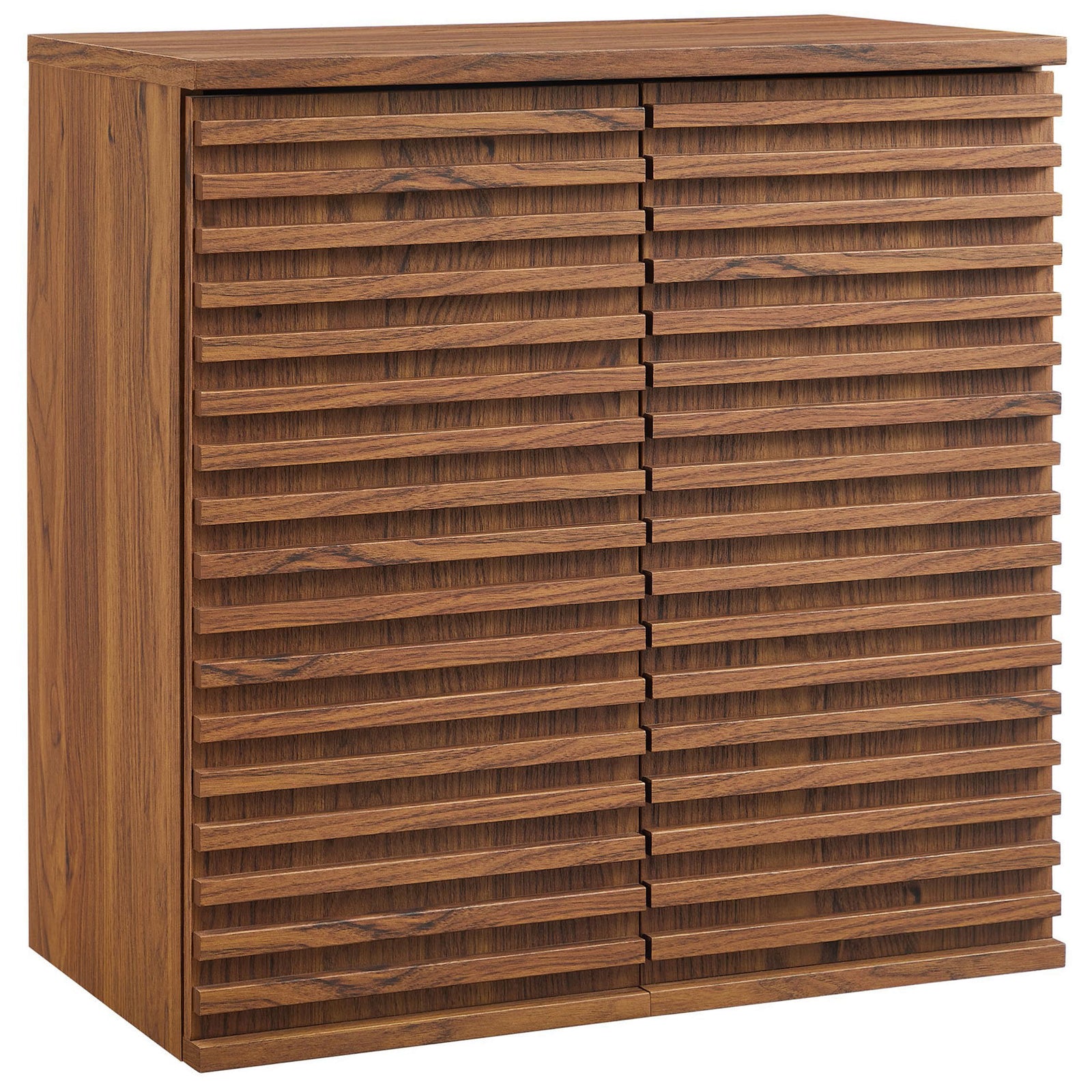 Crisp lines and wood-look grain highlight the modern profile of this wall-mounted bathroom cabinet. || EEI-7438-WAL || front_angle_studio