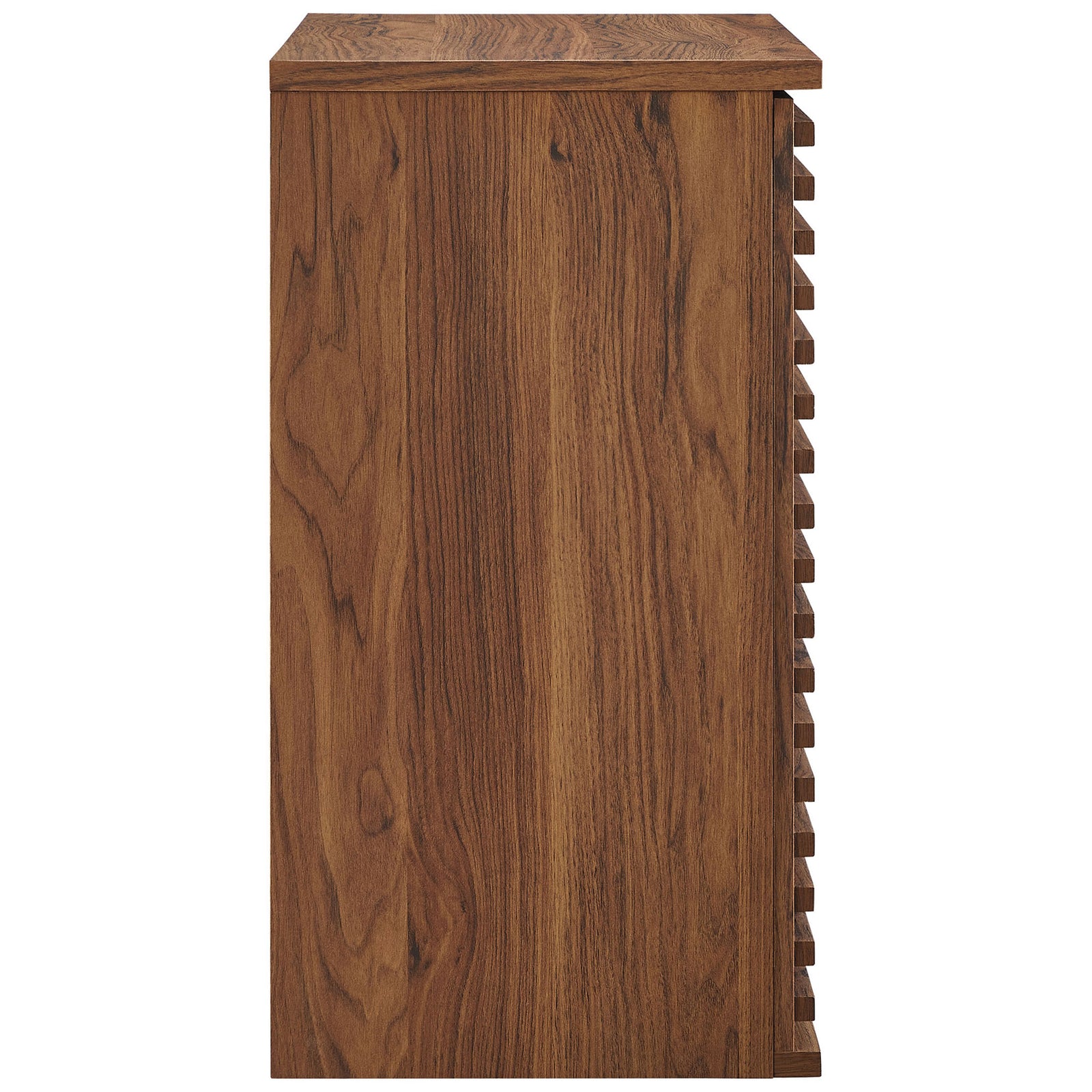 Rich walnut grain wraps the sleek cabinet sides for a refined, cohesive look. || EEI-7438-WAL || side_studio