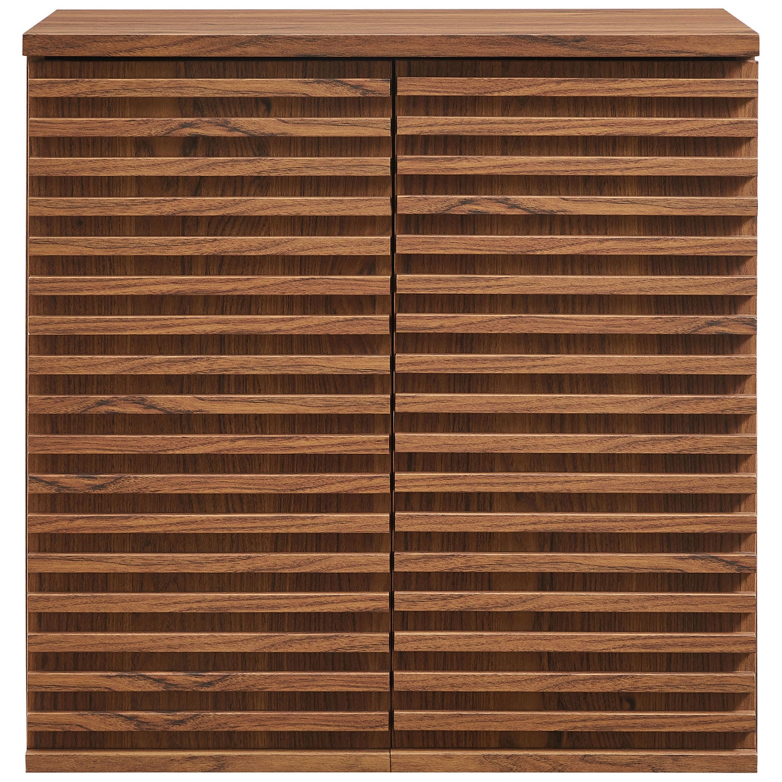 Walnut wall cabinet with grooved slatted doors brings warm, mid-century style to bathroom storage. || EEI-7438-WAL || front_studio