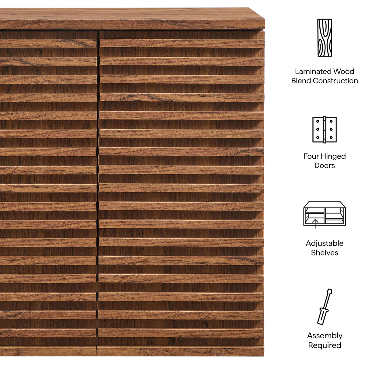 Durable laminated wood construction with adjustable shelves and soft-close hinges for everyday ease. || EEI-7438-WAL || callout_studio
