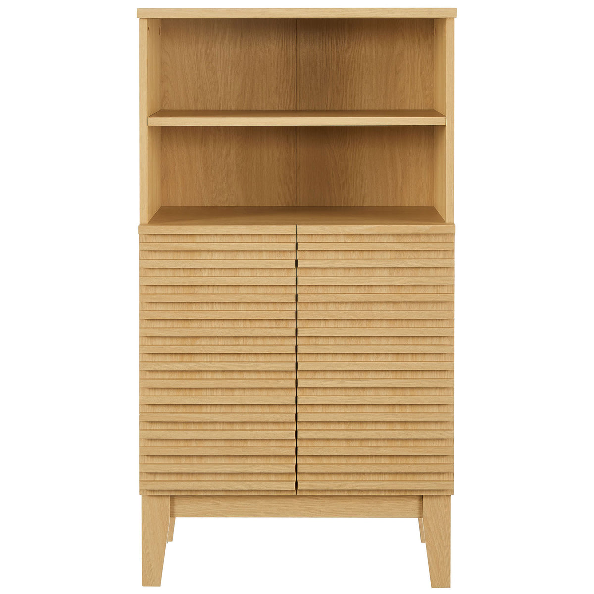 Mid-century cabinet with slatted oak doors, open shelving, and tapered legs for streamlined bathroom storage. || EEI-7439-OAK || front_studio
