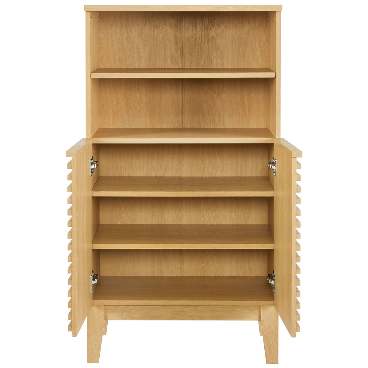 Generous interior shelving behind slatted doors keeps towels and toiletries neatly organized. || EEI-7439-OAK || front_open_studio