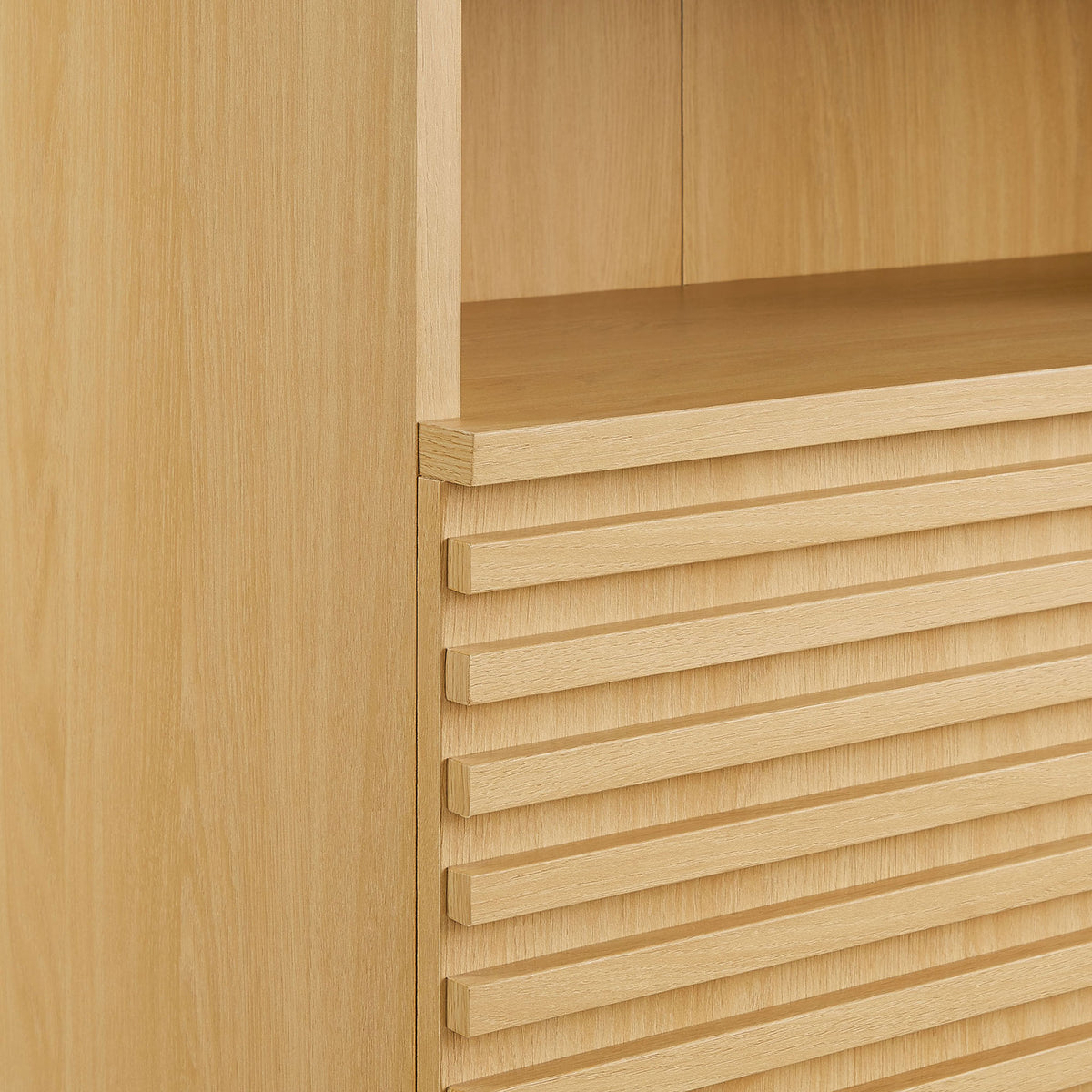 Grooved slatted door design with a smooth laminated wood-look finish. || EEI-7439-OAK || detail_studio