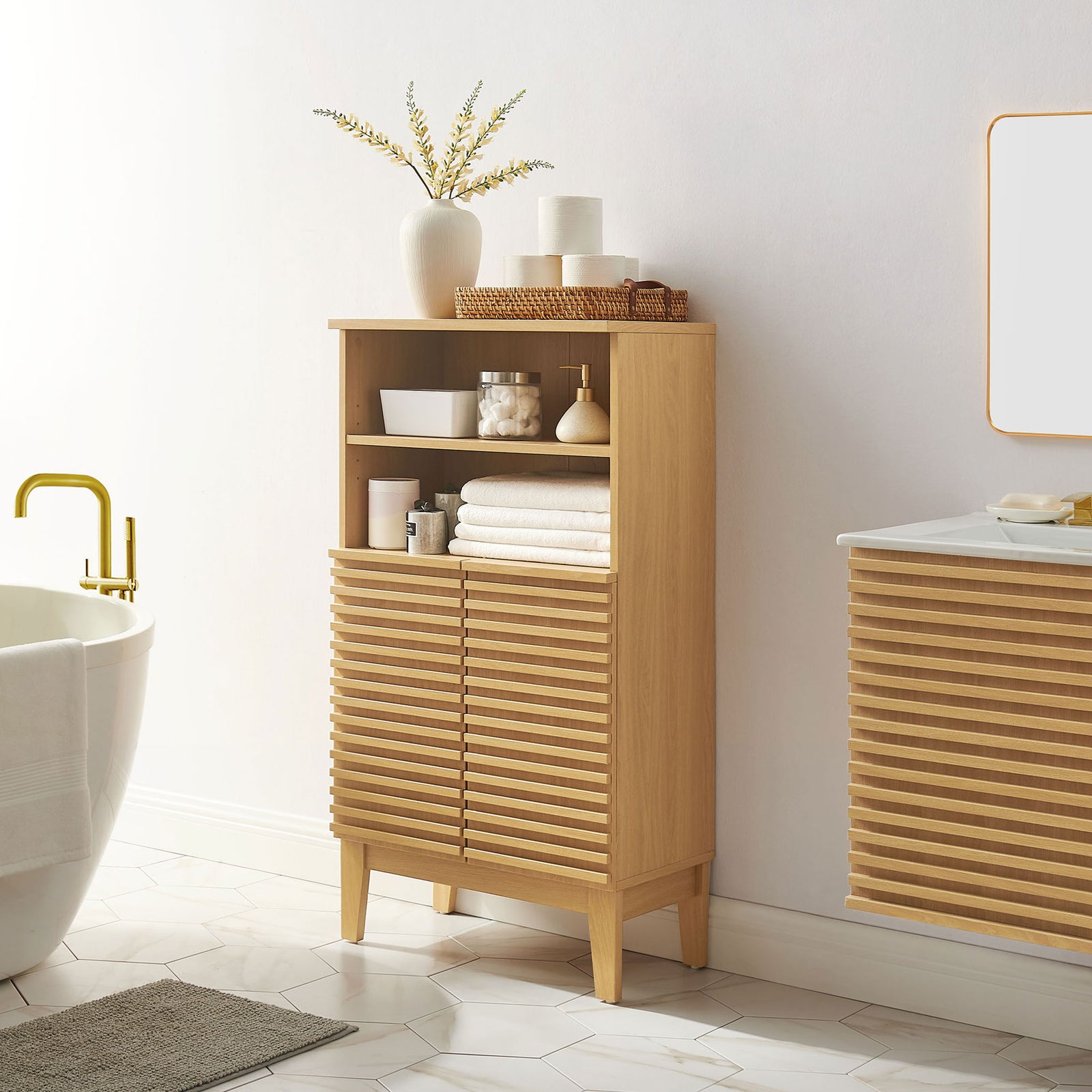 Oak bathroom storage cabinet adds mid-century charm, pairing open shelves with slatted doors. || EEI-7439-OAK || front_room