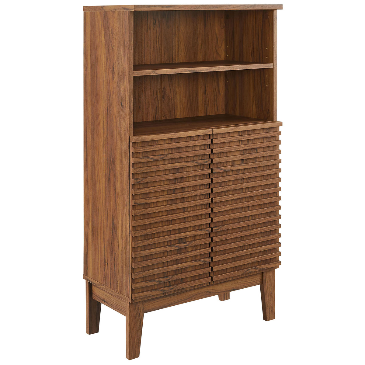 Walnut wood-look cabinet with slatted double doors, open shelves, and tapered legs for modern bath storage || EEI-7439-WAL || front_angle_studio