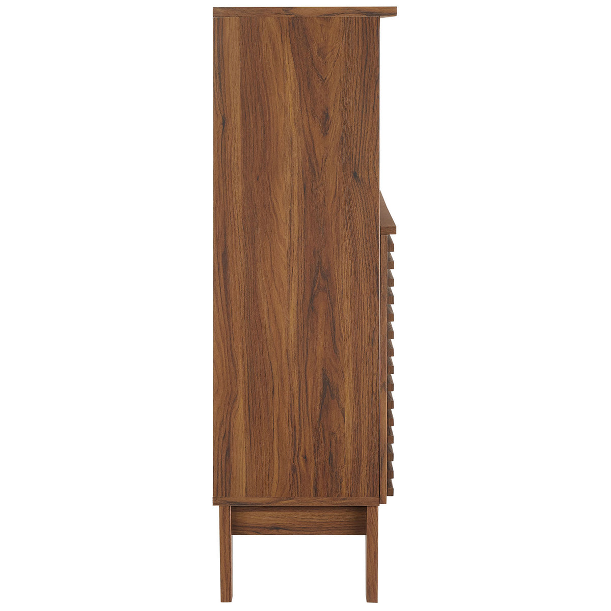 Sleek walnut-finish profile with clean lines and tapered legs that elevate minimalist bathroom storage || EEI-7439-WAL || side_studio