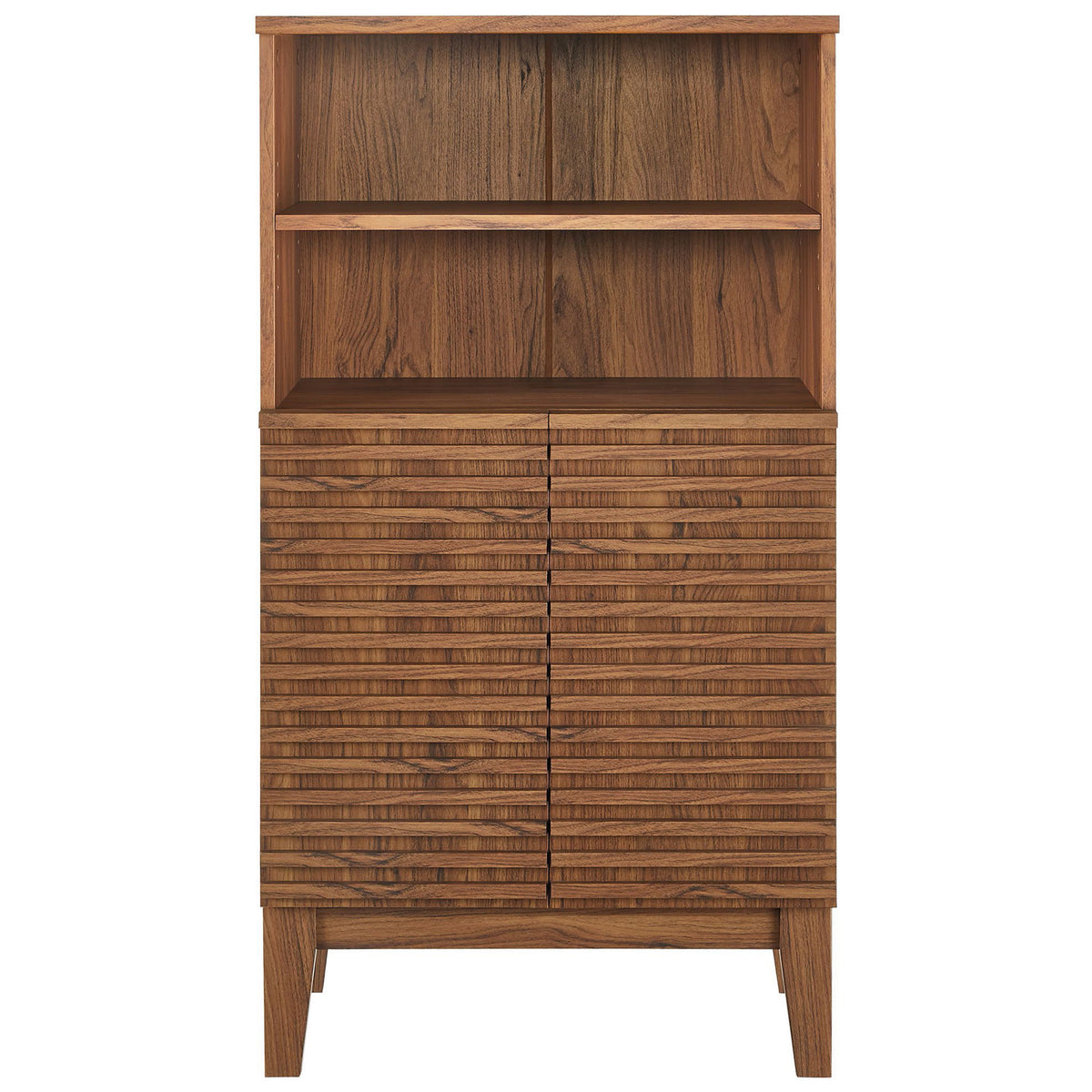 Modern walnut cabinet with open upper shelves and slatted doors below for towels and toiletries || EEI-7439-WAL || front_studio