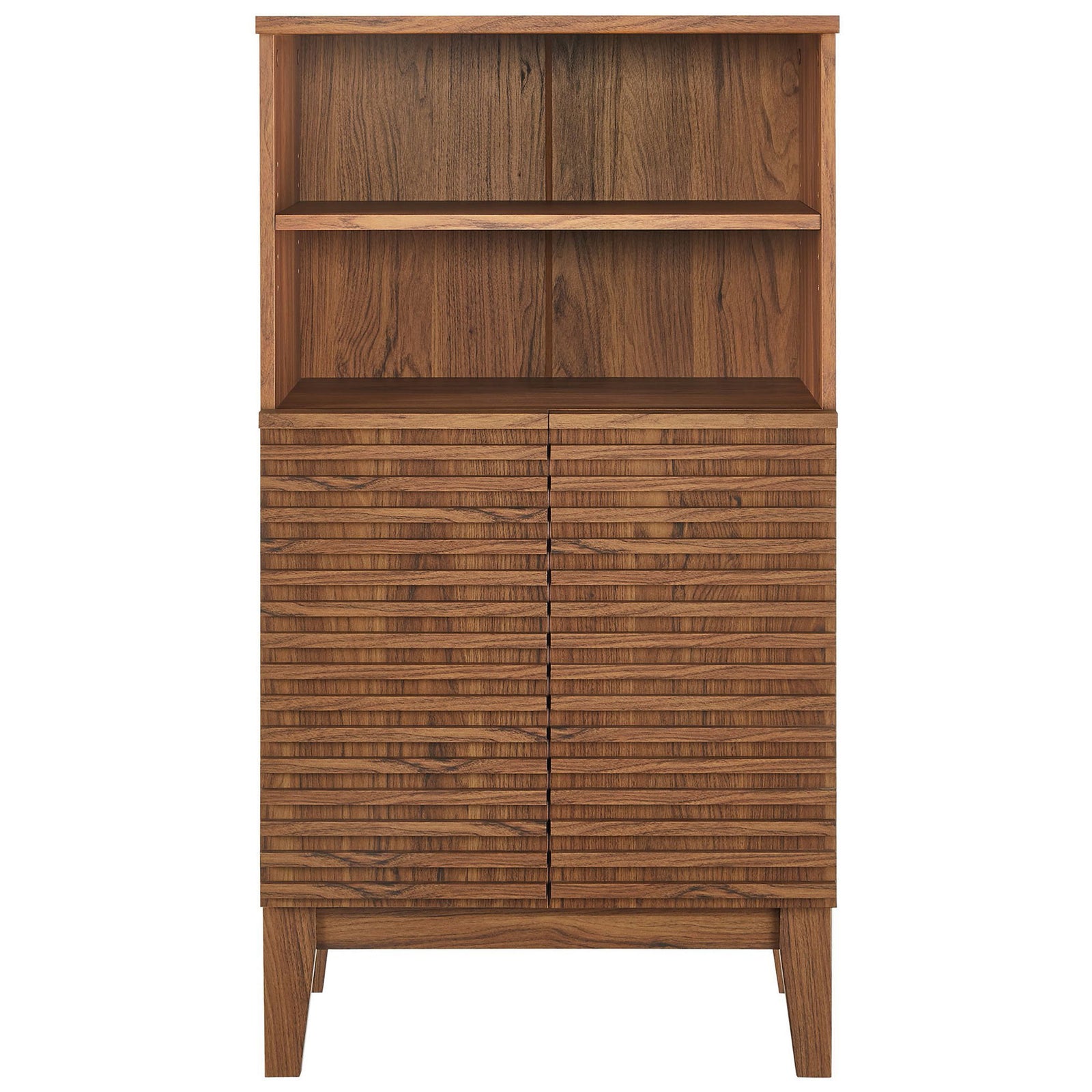Modern walnut cabinet with open upper shelves and slatted doors below for towels and toiletries || EEI-7439-WAL || front_studio