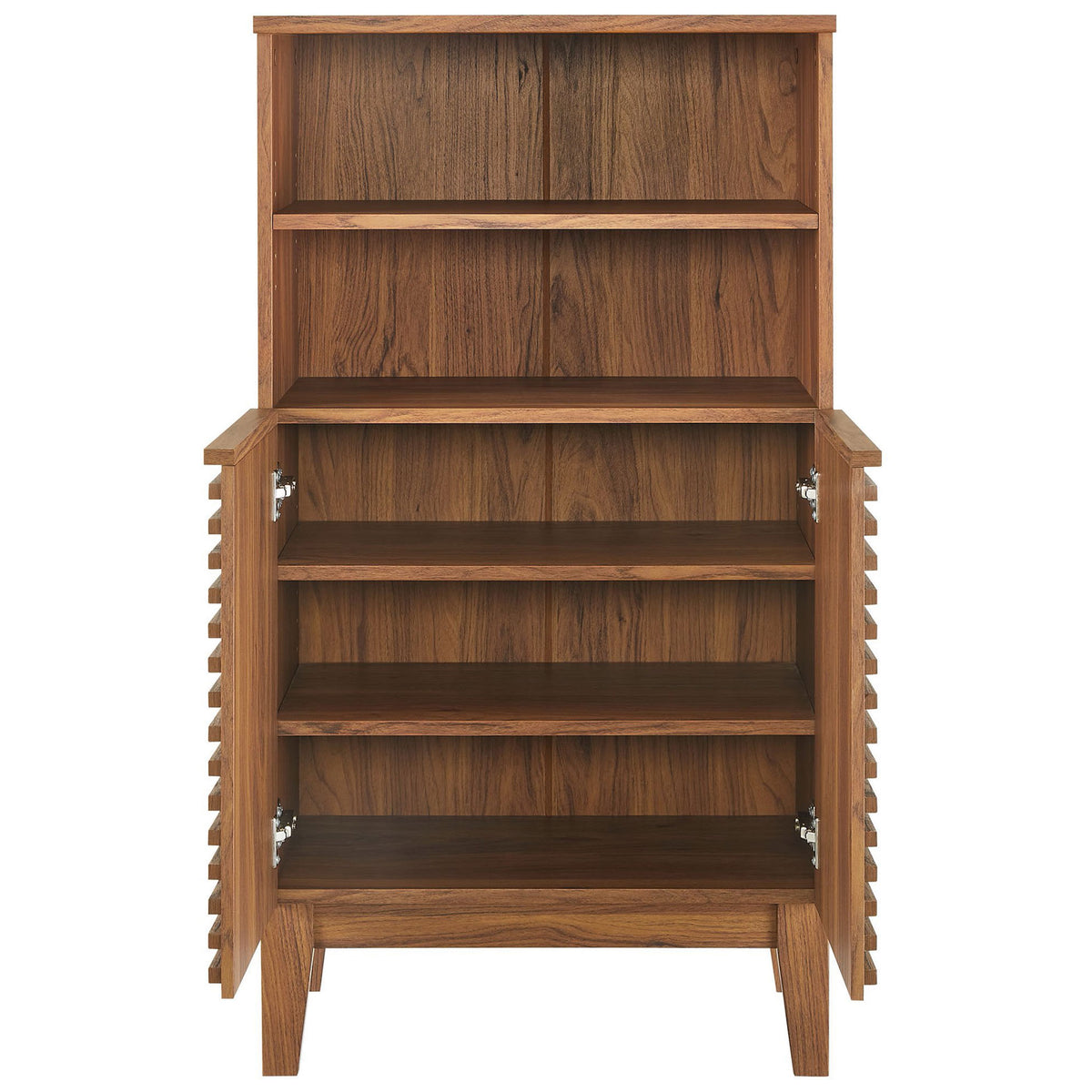 Spacious interior shelving behind slatted doors with open cubbies above for neatly organized essentials || EEI-7439-WAL || front_open_studio