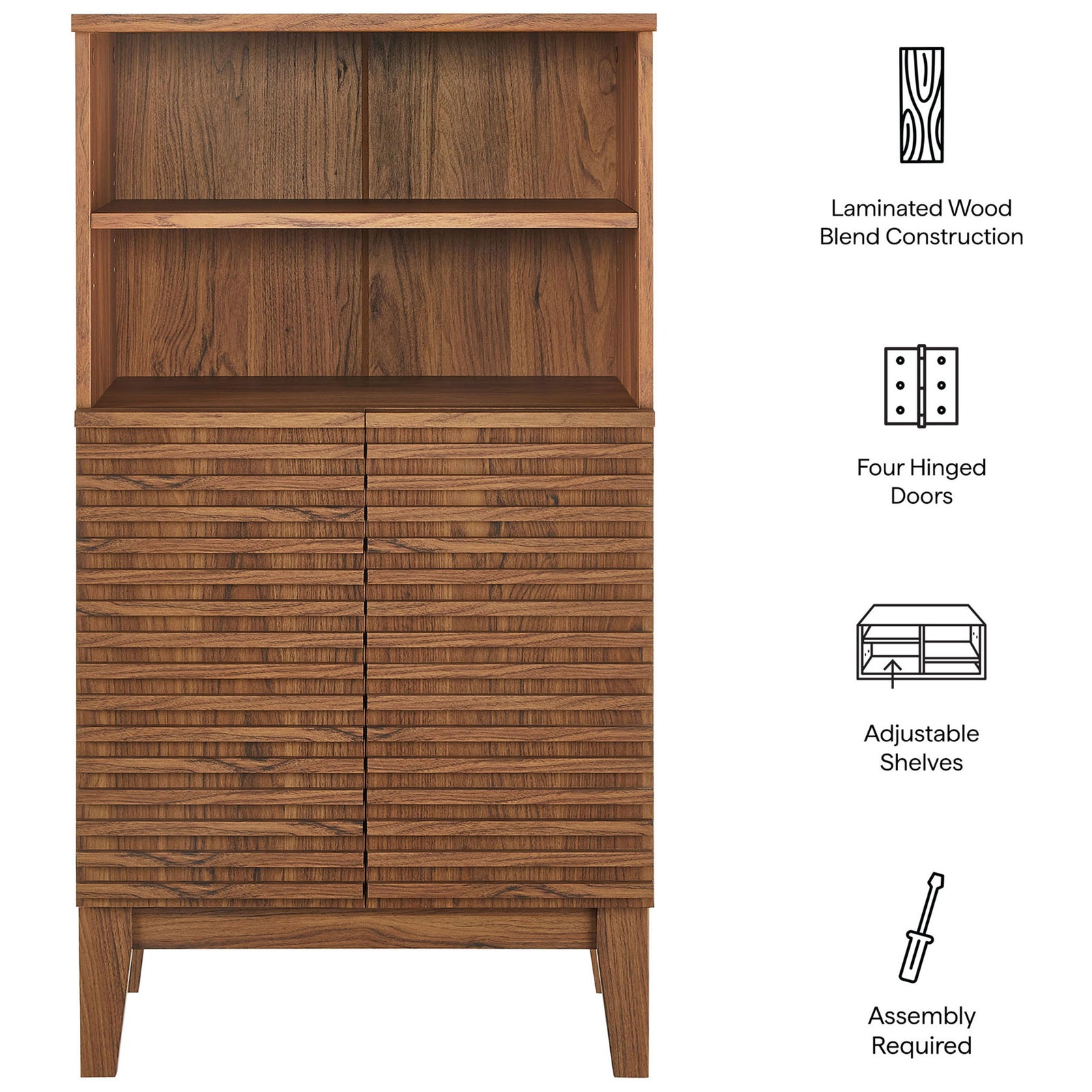 Feature callouts highlight laminated wood blend construction, hinged doors, adjustable shelves, and assembly required || EEI-7439-WAL || callout_studio