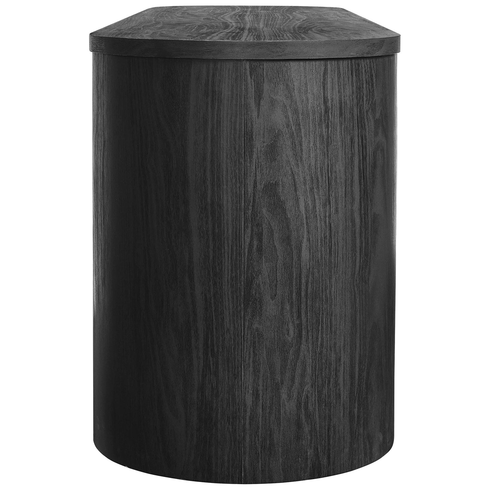 Rounded black pedestal base with wood grain texture highlighting the cabinet's sculptural profile || EEI-7440-BLK || leg_studio
