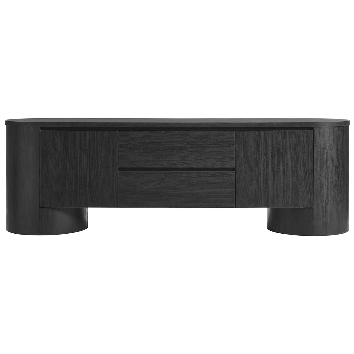 Black oval TV cabinet with rounded doors, dual center drawers, and sculptural plinth bases || EEI-7440-BLK || front_studio