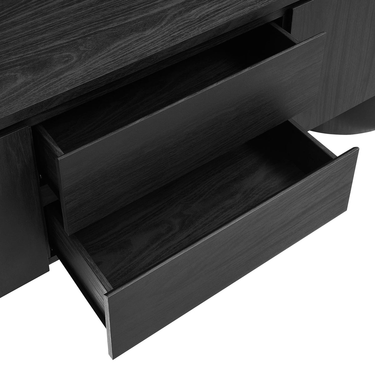 Two smooth-gliding black drawers pulled open to showcase deep storage space for media and accessories || EEI-7440-BLK || storage_open_studio