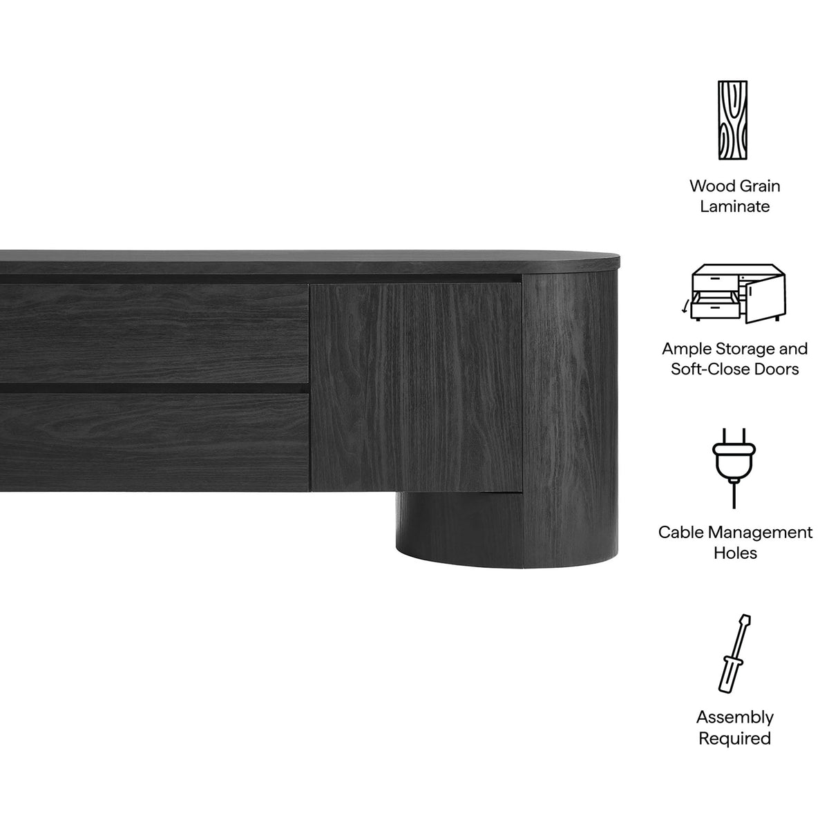 Black Duval TV cabinet with icons highlighting wood grain laminate, soft-close storage, and cable management || EEI-7440-BLK || callout_studio
